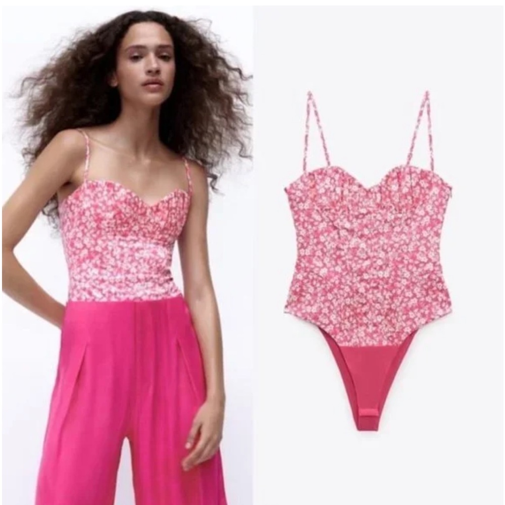 Zara Vibrant Pink Floral bodysuit with Spaghetti Straps